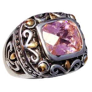 Baroque Revival Pink CZ Ring Size 5.5 Ornate Chunky Wide Band Cubic Zirconia